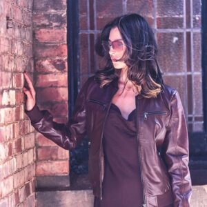 Women’s Burgundy Leather Bomber Jacket – Gabby
