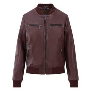 Women’s Burgundy Leather Bomber Jacket – Gabby