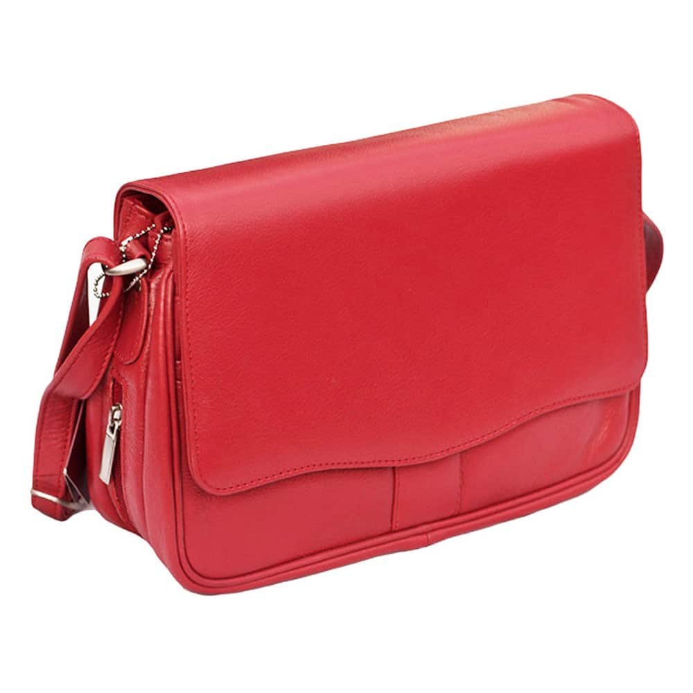 Side view of Victoria red leather organiser bag showing adjustable shoulder strap