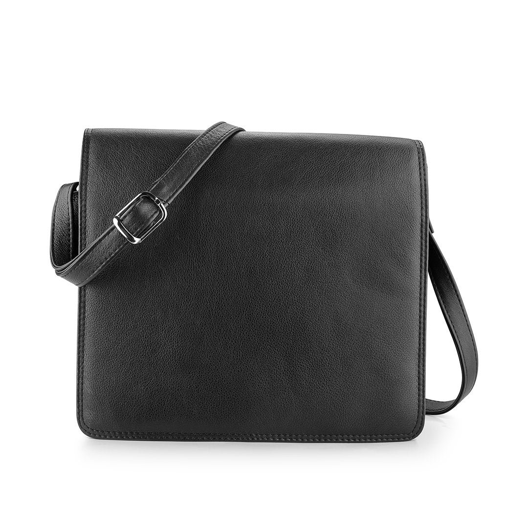 Black leather organizer bag with an adjustable strap, designed with a spacious main compartment and sturdy structure for everyday use.