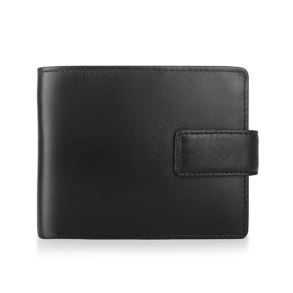Front view of Black leather wallet on a white background