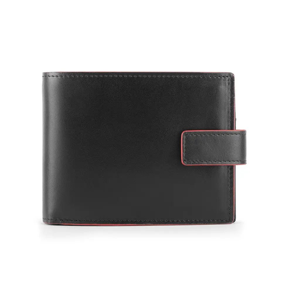 Front view of Black leather wallet with a red accent on a white background