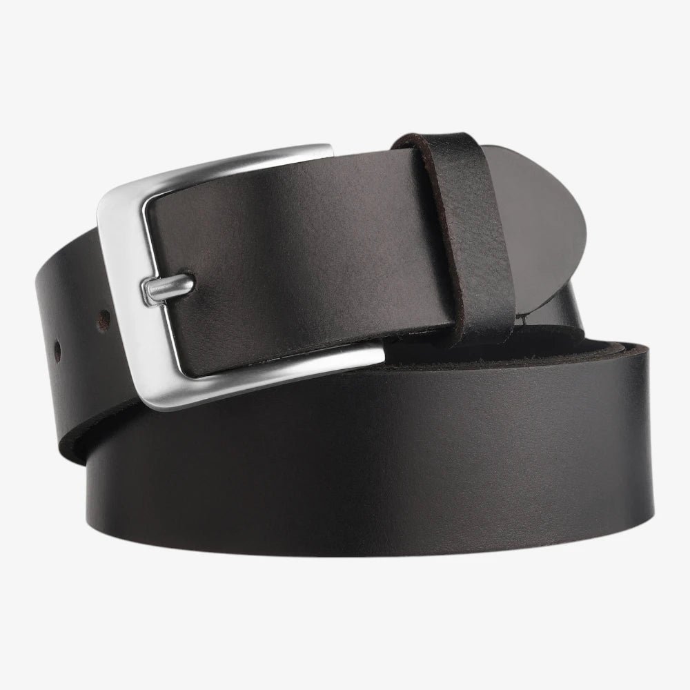 Black leather belt with a silver buckle on a white background
