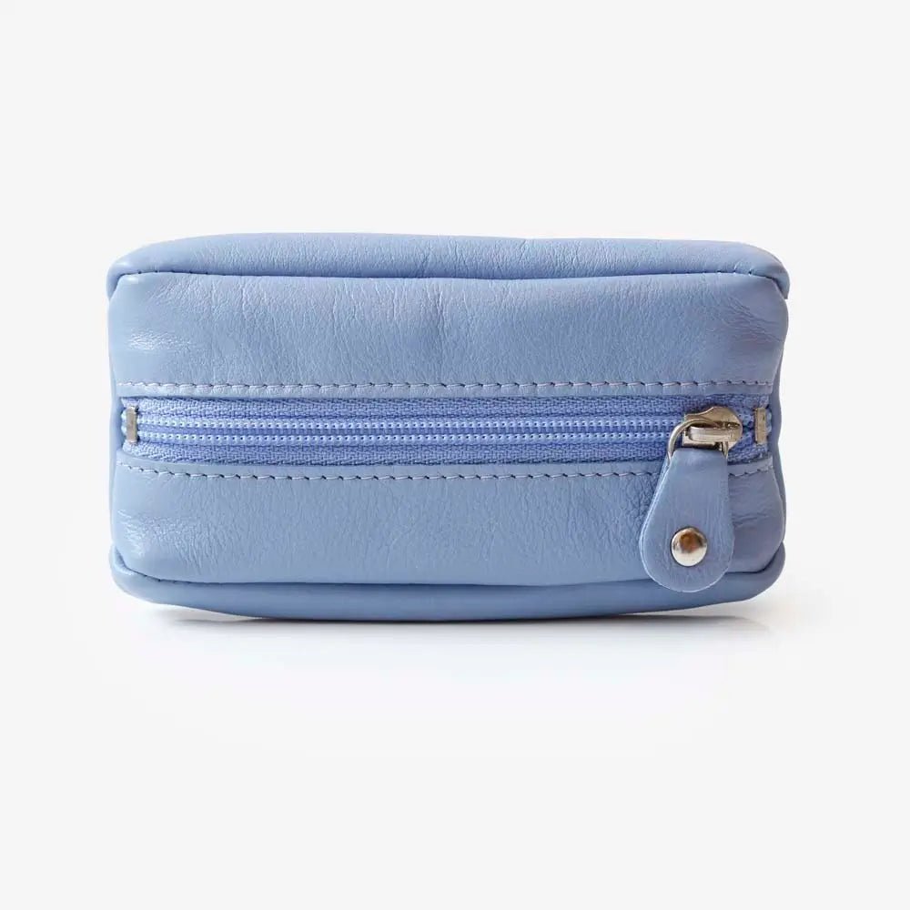 Front view of Blue  Small Leather Zipper Keyring Pouch on grey background