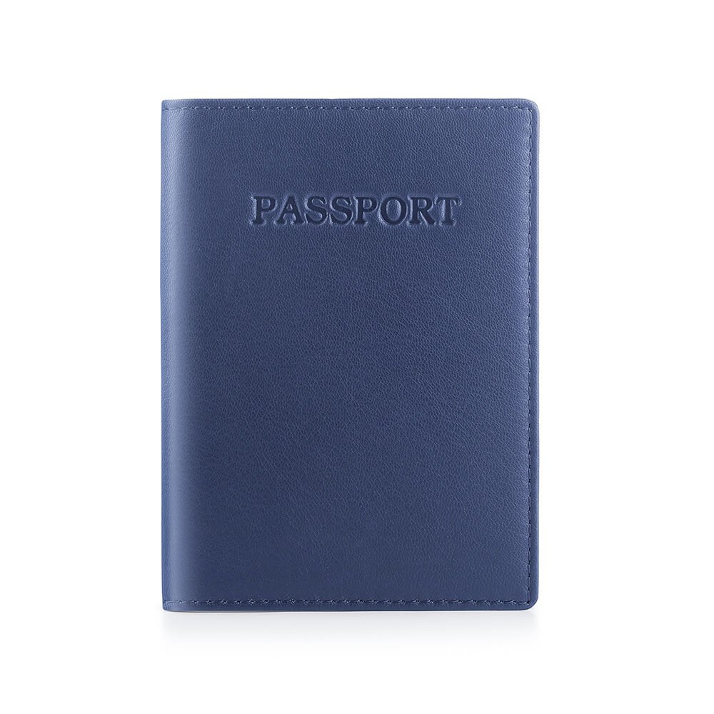 Blue passport holder with 'PASSPORT' embossed on a white background