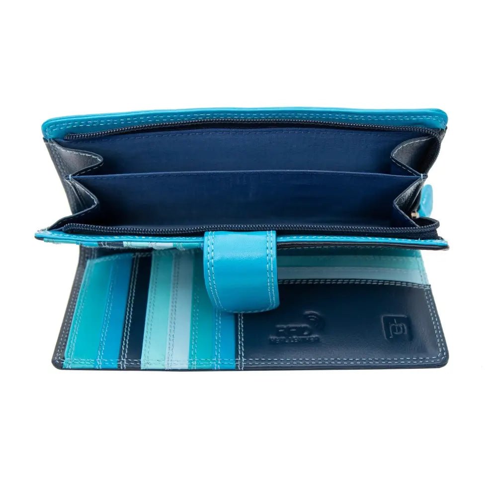 Blue wallet with a visible brand logo on a white background