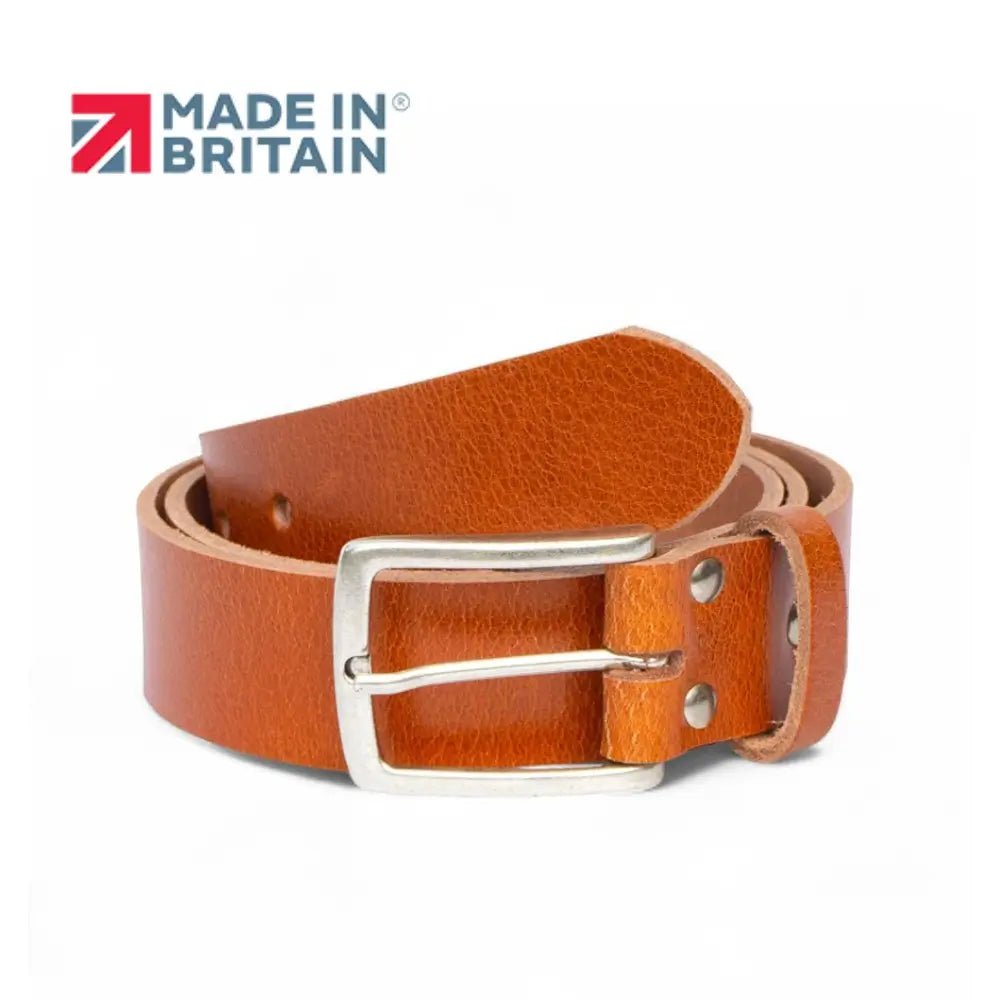 Brandy leather belt with silver buckle on a white background, featuring 'Made in Britain' logo.