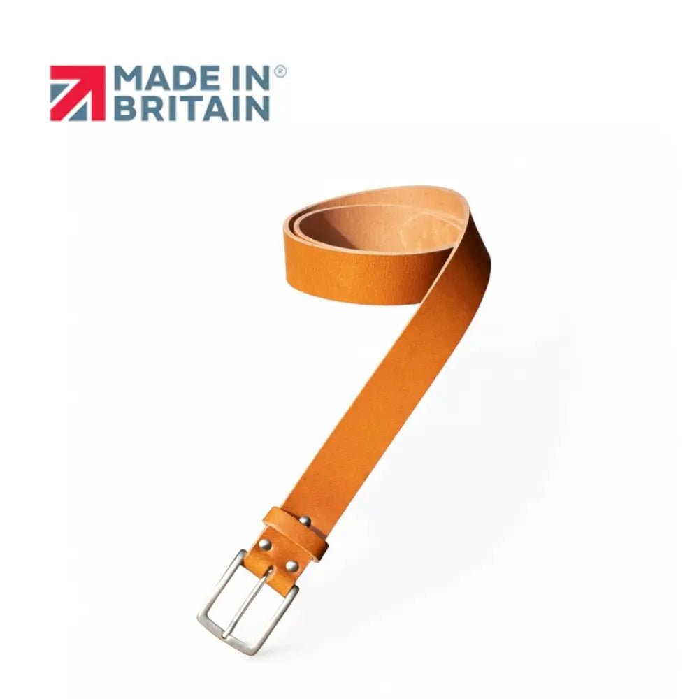 Brandy  belt with a silver buckle on a white background, featuring the 'Made in Britain' logo.