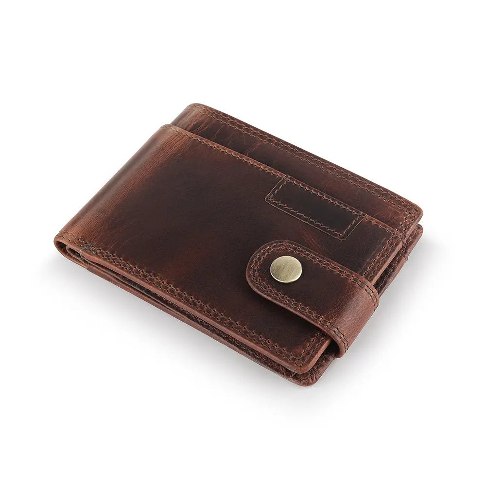 Top view of Brown leather wallet with a gold button on a white background