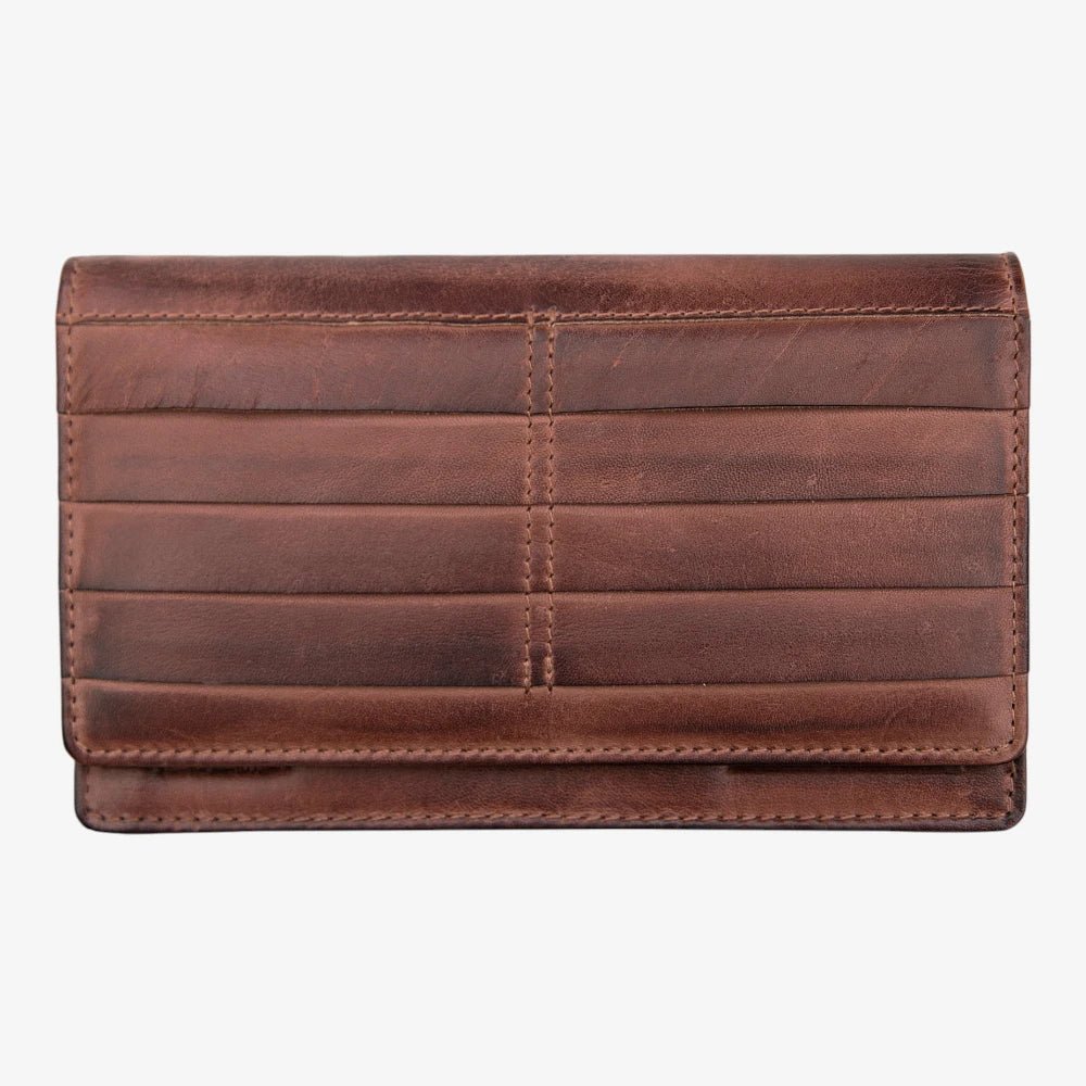 Front view of Brown leather purse on a white background