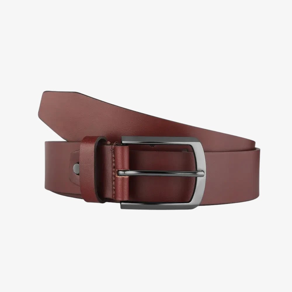 Front view of Cognac leather belt with a silver buckle on a white background