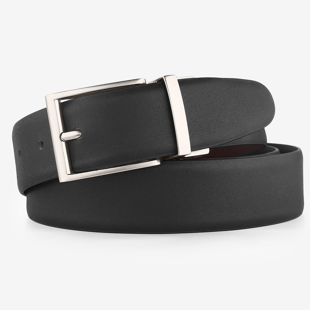 Black leather belt with silver buckle on a white background