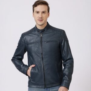 Men’s Navy Leather Biker Jacket – Thomas