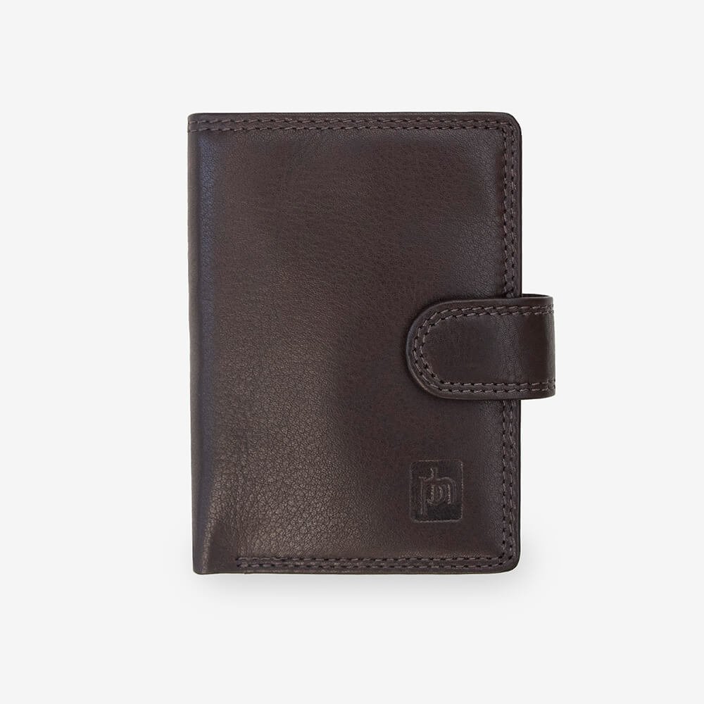 Brown leather wallet with a visible brand logo on a white background