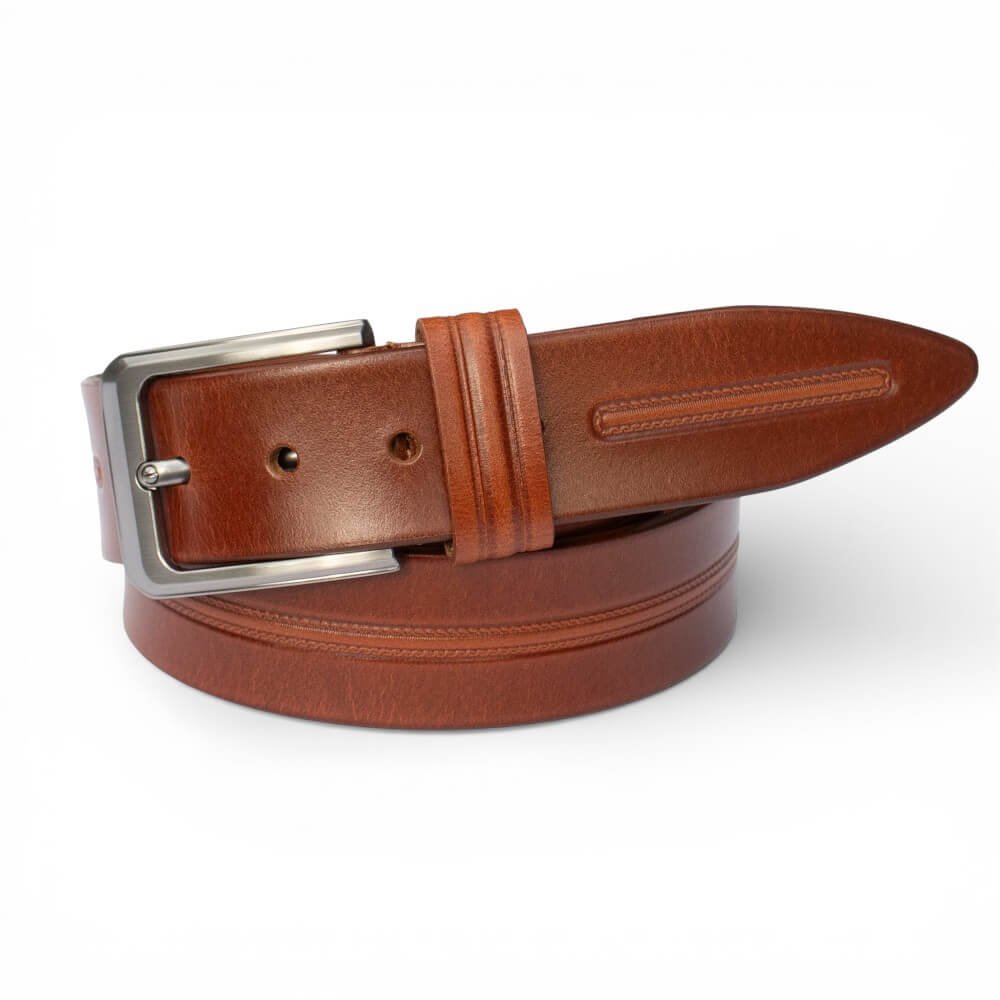 Men’s tan leather belt with silver buckle
