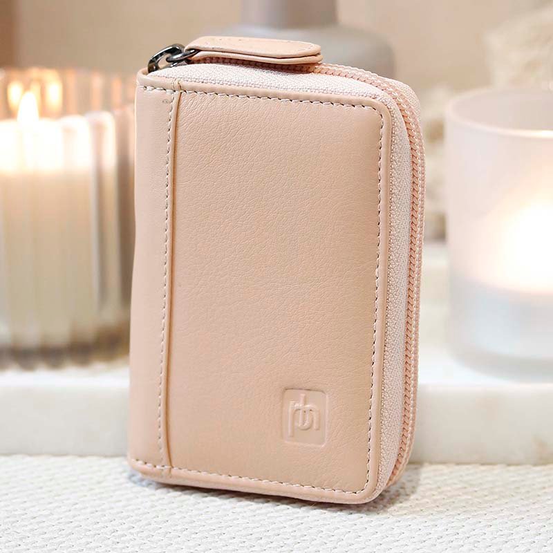 PRIMEHIDE Soft leather card holder wallet with zip closure in a peach colour