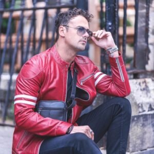 Men’s Red Racer Leather Jacket – Fred