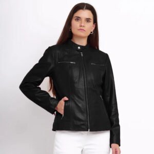 Women’s Black Leather Biker Jacket – Celine