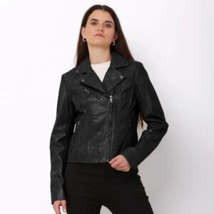 Women’s Black Leather Asymmetric Biker Jacket – Yvonne