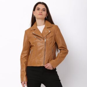 Women’s Brown Leather Asymmetric Biker Jacket – Yvonne
