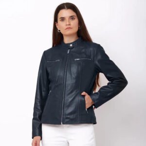 Women’s Navy Leather Biker Jacket – Celine