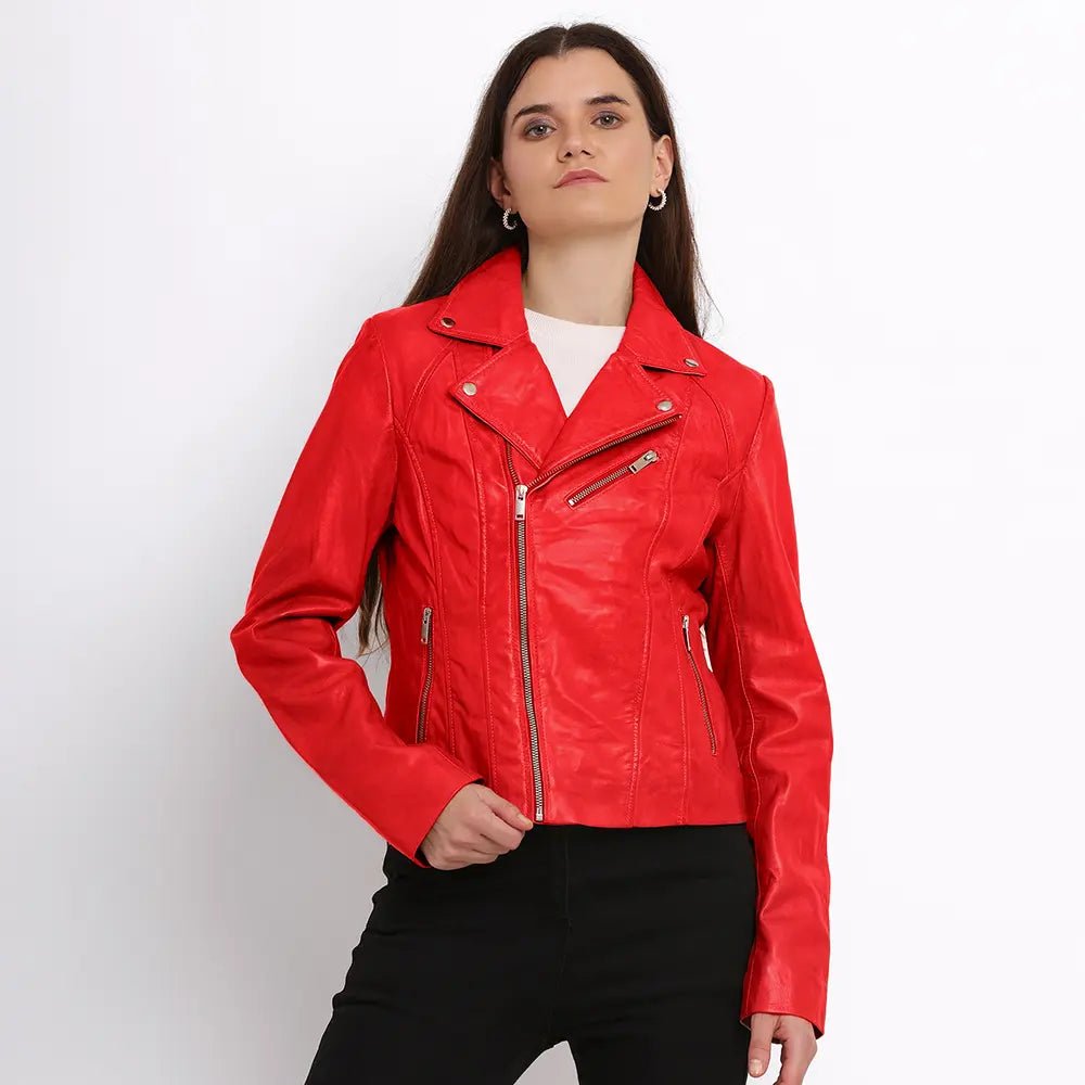 Red leather jacket for women