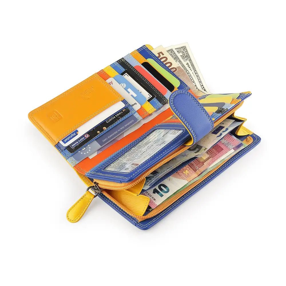 Open Yellow bifold purse with cards and money on a white background